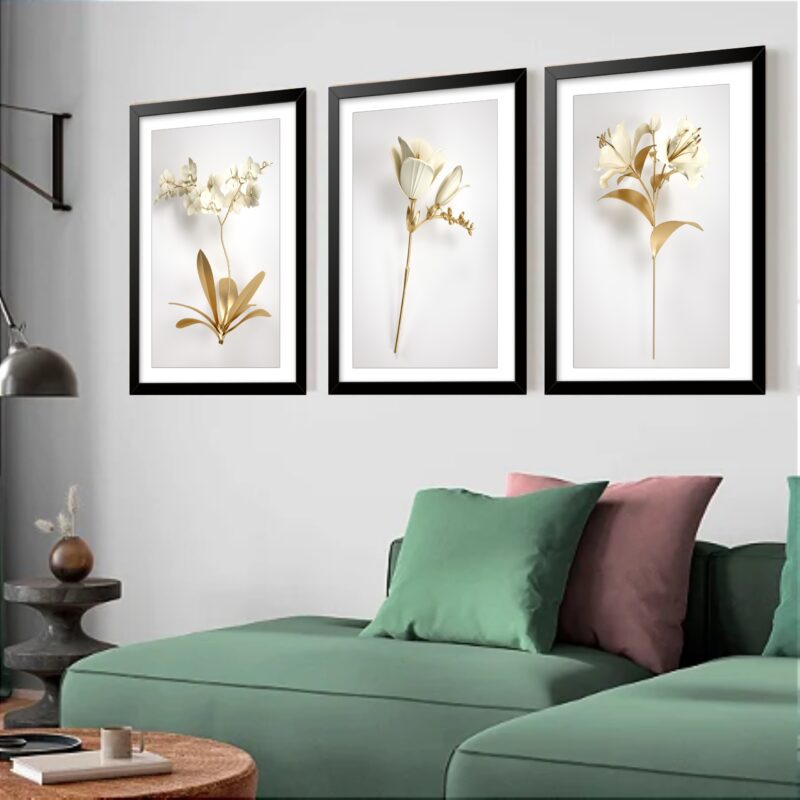 Kit 3 Quadros Grandes Flores Douradas 60x48cm