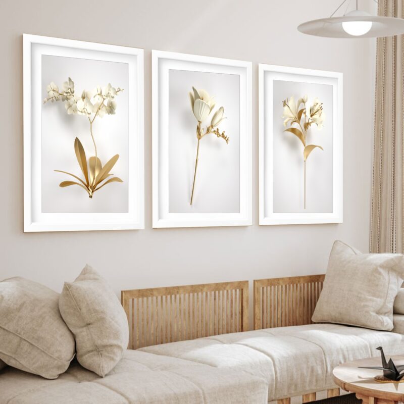 Kit 3 Quadros Grandes Flores Douradas 60x48cm - Image 2