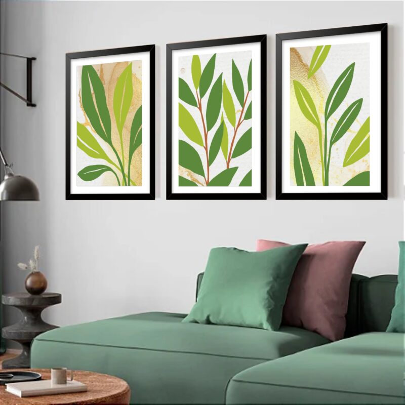Kit 3 Quadros Grandes Folhagem Dourado 60x48cm