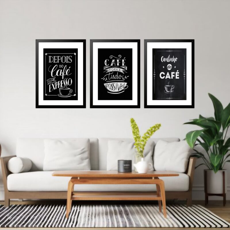 Kit 3 Quadros Grandes Frases Café 60x48cm