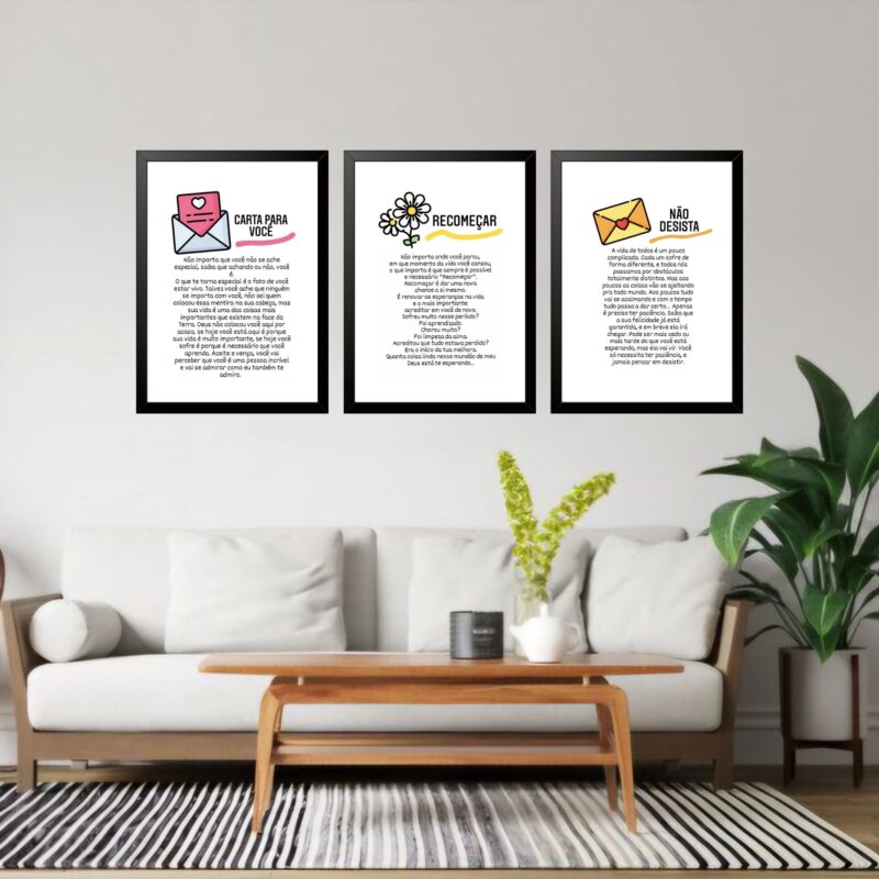 Kit 3 Quadros Grandes Frases de Motivação 60x48cm