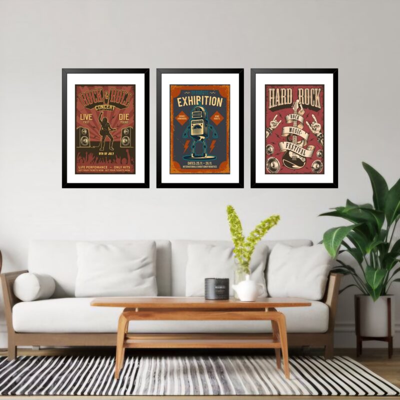 Kit 3 Quadros Grandes Hard Rock Old 60x48cm