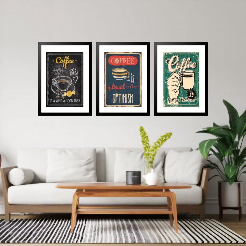 Kit 3 Quadros Grandes Hot Coffee Vintage 60x48cm