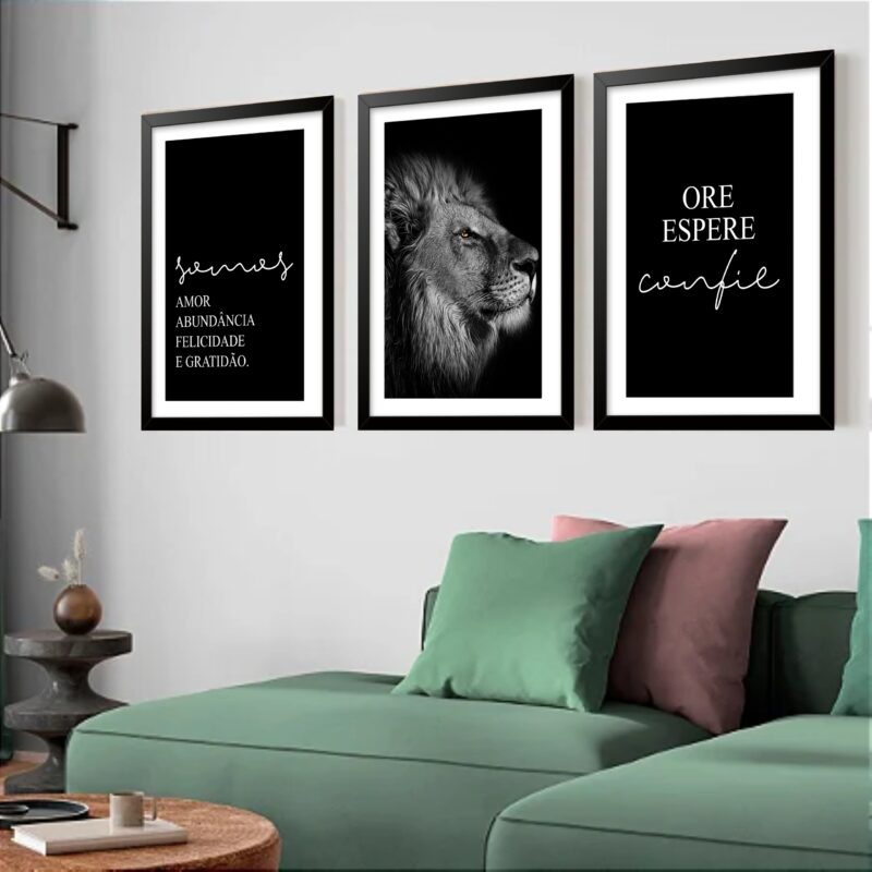 Kit 3 Quadros Grandes Leão Ore Espere Confie 60x48cm