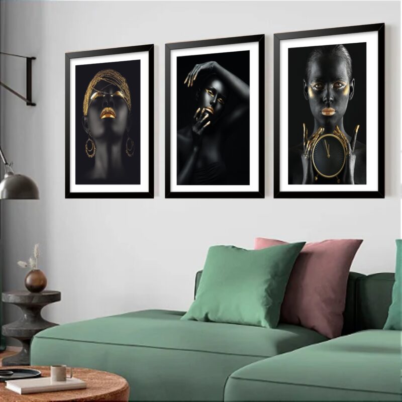 Kit 3 Quadros Grandes Mulheres Dourado e Preto 60x48cm