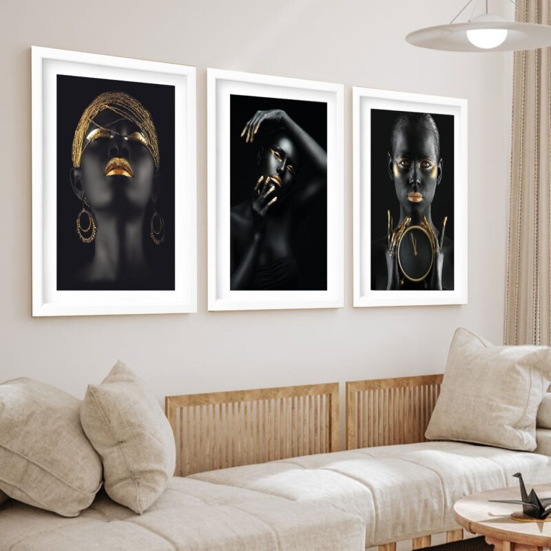 Kit 3 Quadros Grandes Mulheres Dourado e Preto 60x48cm - Image 2