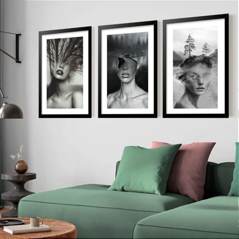 Kit 3 Quadros Grandes Mulheres Surrealismo Floresta 60x48cm