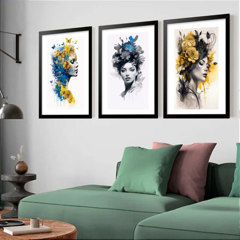 Kit 3 Quadros Grandes Mulheres Surrealismo Flowers 60x48cm
