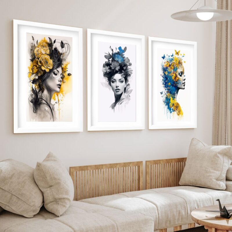 Kit 3 Quadros Grandes Mulheres Surrealismo Flowers 60x48cm - Image 2