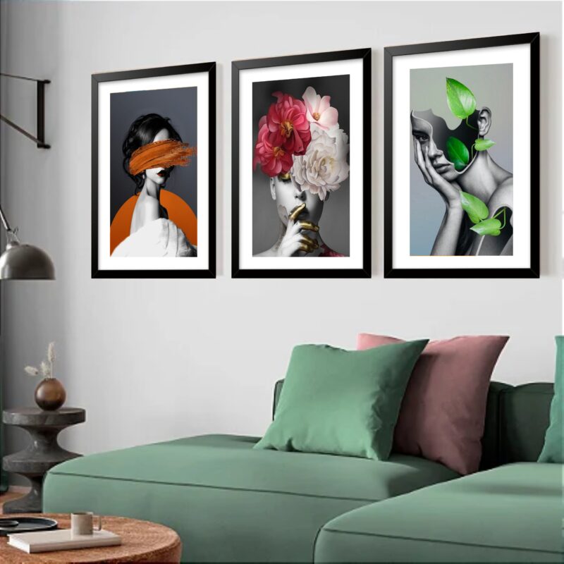 Kit 3 Quadros Grandes Mulheres Surrealismo Plantas 60x48cm