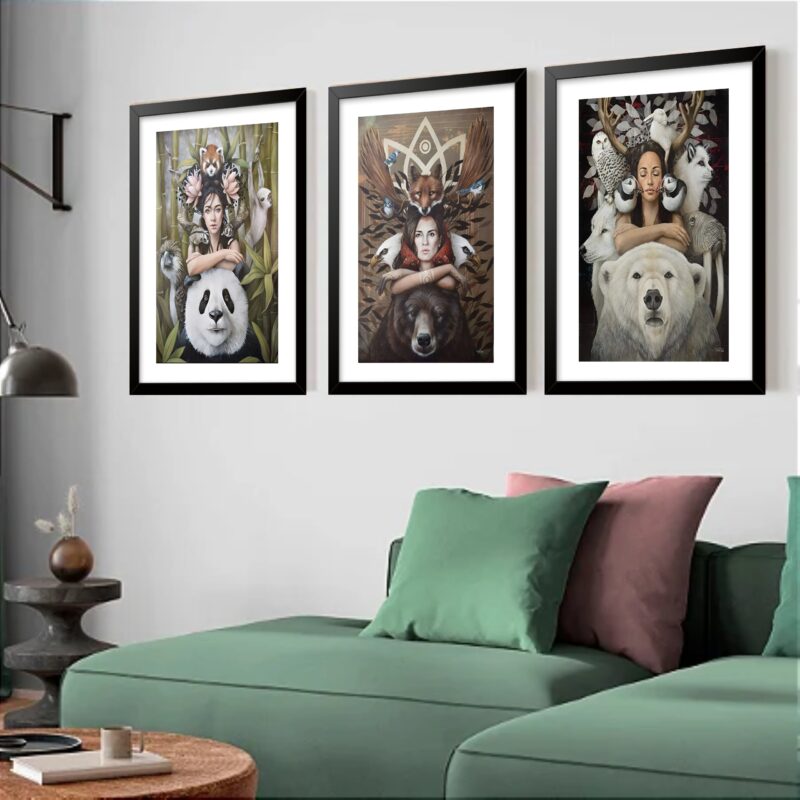 Kit 3 Quadros Grandes Mulheres com Ursos 60x48cm