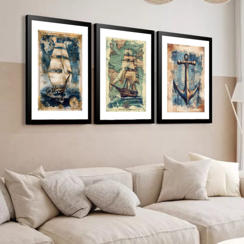 Kit 3 Quadros Grandes Naval 60x48cm