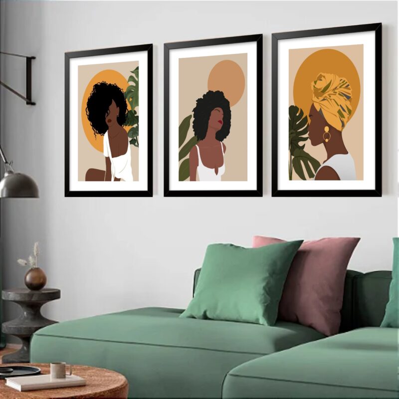 Kit 3 Quadros Grandes Negras Boho 60x48cm