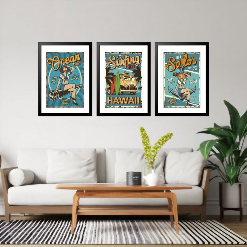 Kit 3 Quadros Grandes Ocean Vintage 60x48cm