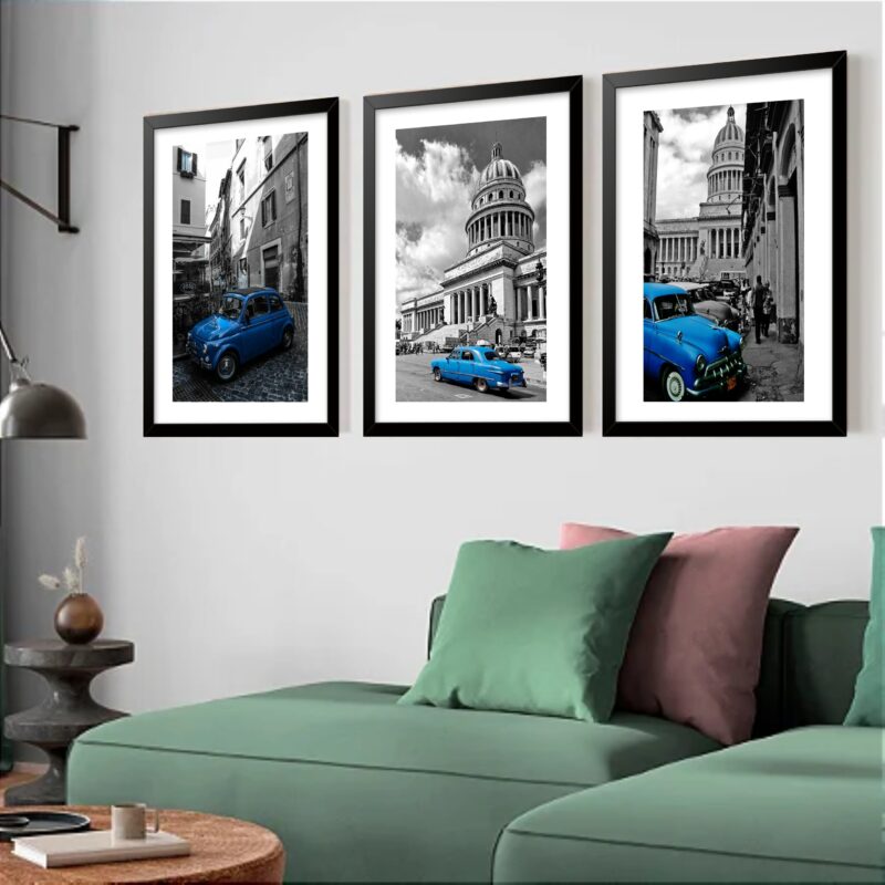 Kit 3 Quadros Grandes Old Car Blue 60x48cm
