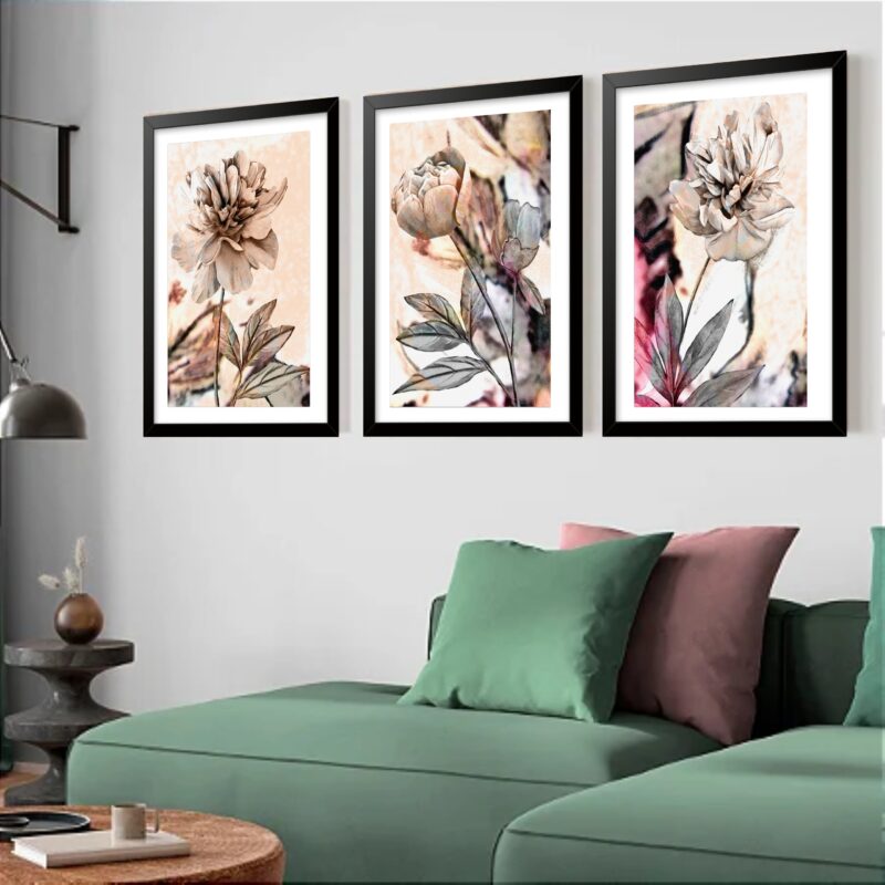 Kit 3 Quadros Grandes Old Flowres 60x48cm