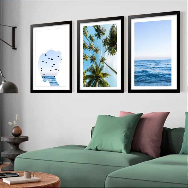 Kit 3 Quadros Grandes Praia Mar 60x48cm