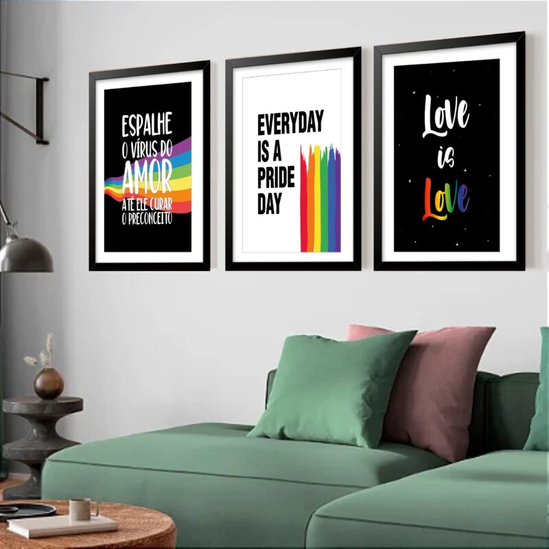 Kit 3 Quadros Grandes Pride Love Is Love 60x48cm