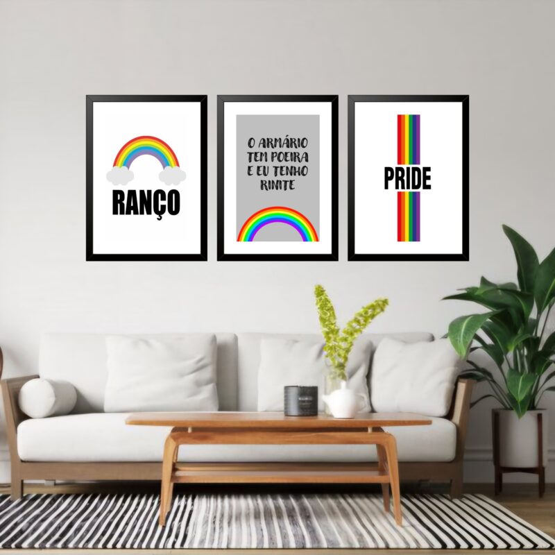 Kit 3 Quadros Grandes Pride Rainbow 60x48cm