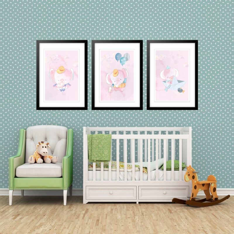 Kit 3 Quadros Grandes Quarto Infantil Baby Elefante 60x48cm