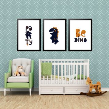 Kit 3 Quadros Grandes Quarto Infantil Be Dino Party 60x48cm