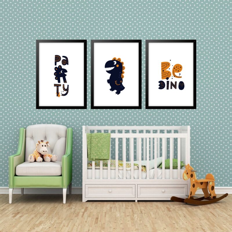 Kit 3 Quadros Grandes Quarto Infantil Be Dino Party 60x48cm