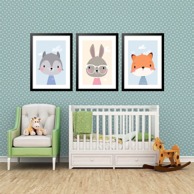 Kit 3 Quadros Grandes Quarto Infantil Bichinhos 60x48cm