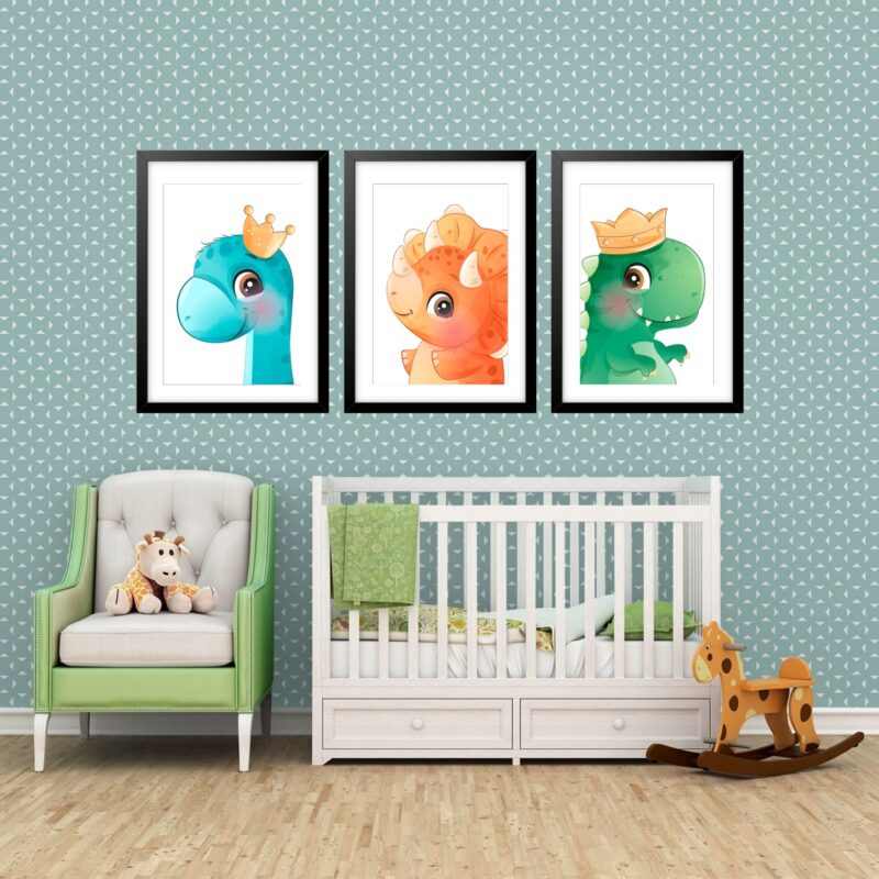 Kit 3 Quadros Grandes Quarto Infantil Dino Baby 60x48cm