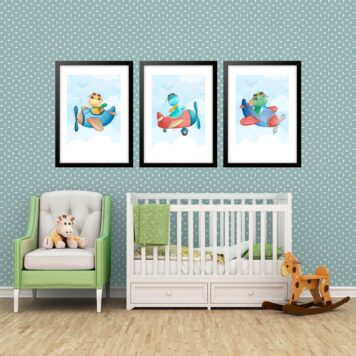 Kit 3 Quadros Grandes Quarto Infantil Dinos Avião 60x48cm