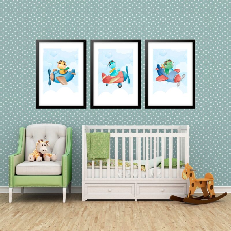 Kit 3 Quadros Grandes Quarto Infantil Dinos Avião 60x48cm
