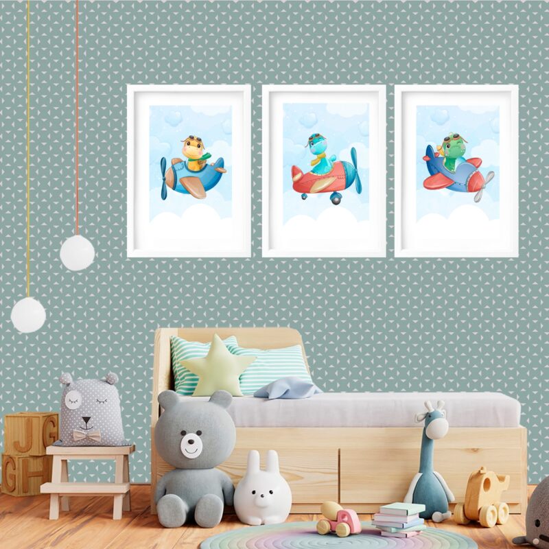 Kit 3 Quadros Grandes Quarto Infantil Dinos Avião 60x48cm - Image 2