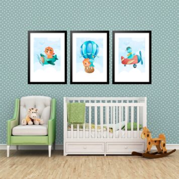 Kit 3 Quadros Grandes Quarto Infantil Esquadrilha Dino 60x48cm