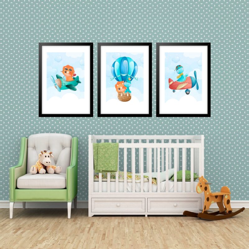 Kit 3 Quadros Grandes Quarto Infantil Esquadrilha Dino 60x48cm