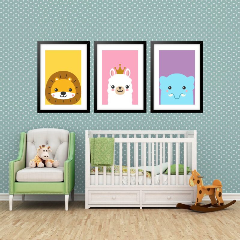 Kit 3 Quadros Grandes Quarto Infantil Filhotes 60x48cm