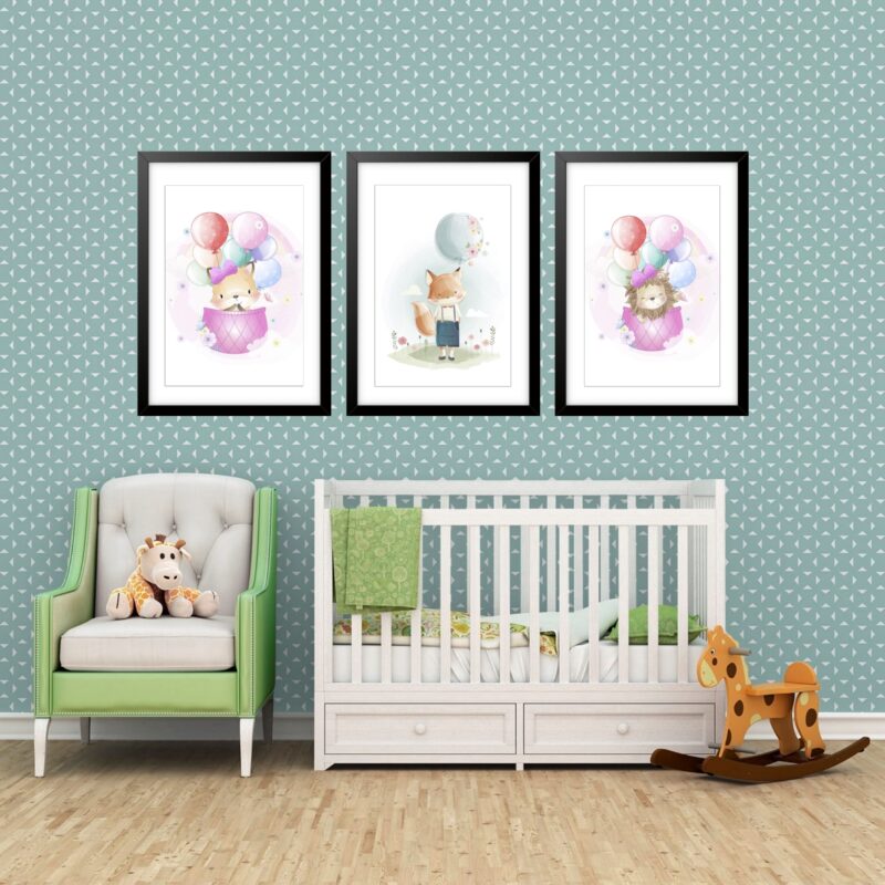 Kit 3 Quadros Grandes Quarto Infantil Filhotes Balões 60x48cm