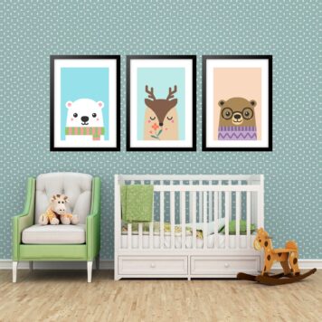 Kit 3 Quadros Grandes Infantil Filhotes 60x48cm
