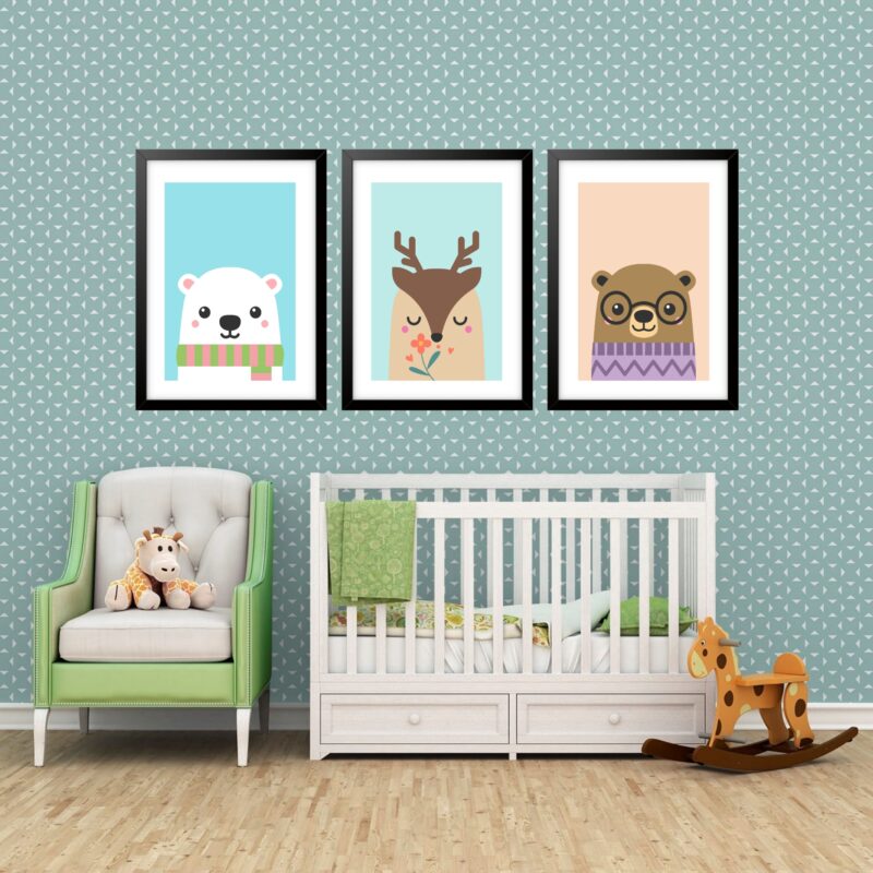 Kit 3 Quadros Grandes Infantil Filhotes 60x48cm