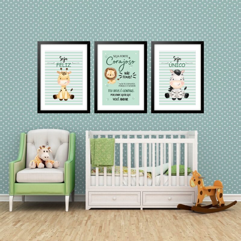 Kit 3 Quadros Grandes Infantil Filhotes Seja Forte e Corajoso 60x48cm