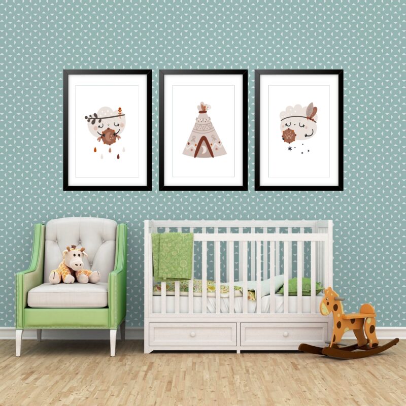 Kit 3 Quadros Grandes Quarto Infantil Indígena Nuvem Chuva 60x48cm