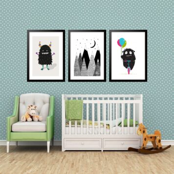 Kit 3 Quadros Grandes Quarto Infantil Monstrinho 60x48cm