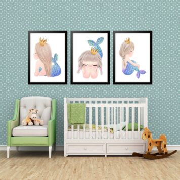 Kit 3 Quadros Grandes Quarto Infantil Sereinha 60x48cm