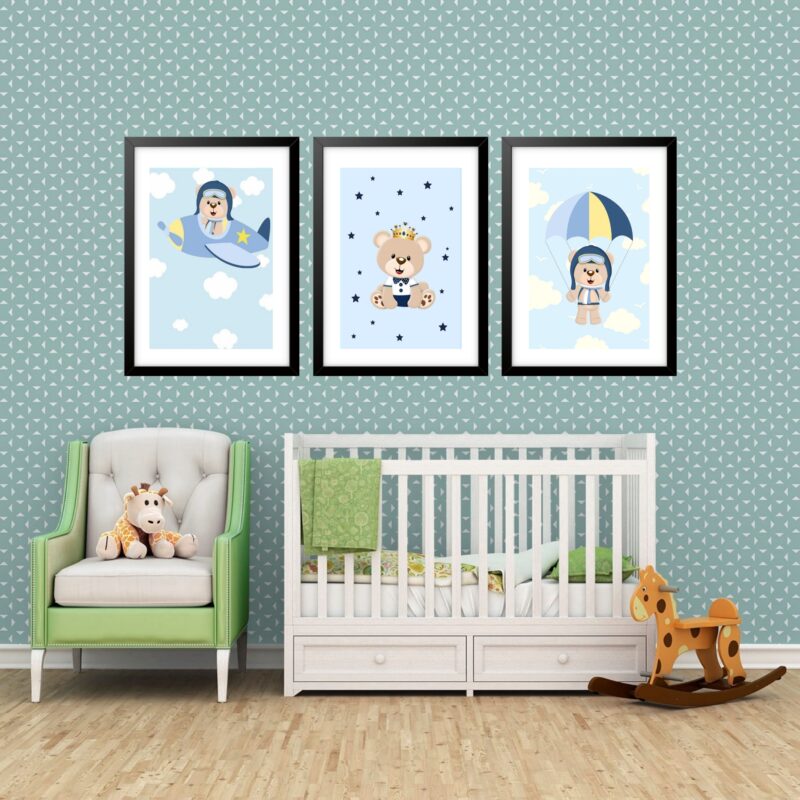 Kit 3 Quadros Grandes Quarto Infantil Ursinho Piloto 60x48cm