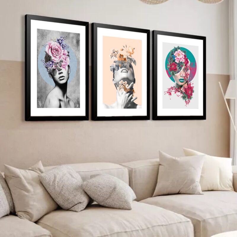 Kit 3 Quadros Grandes Surrealismo Mulheres Flores 60x48cm