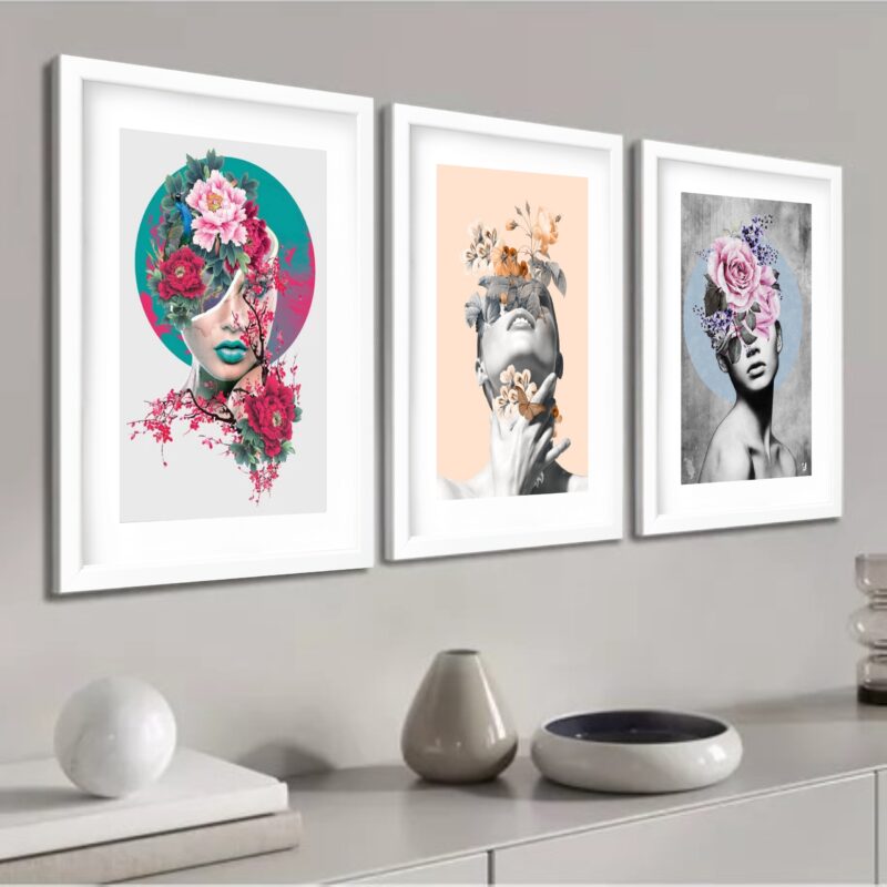 Kit 3 Quadros Grandes Surrealismo Mulheres Flores 60x48cm - Image 2