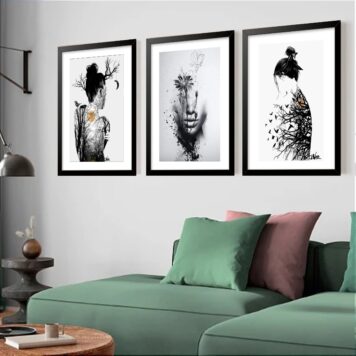 Kit 3 Quadros Grandes Surrealismo Mulheres Floresta 60x48cm
