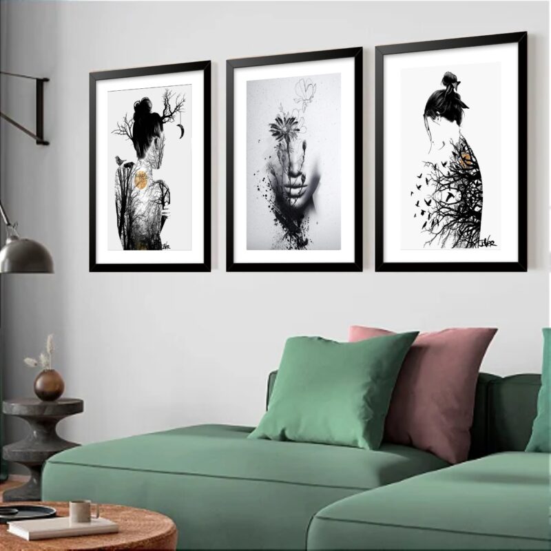 Kit 3 Quadros Grandes Surrealismo Mulheres Floresta 60x48cm