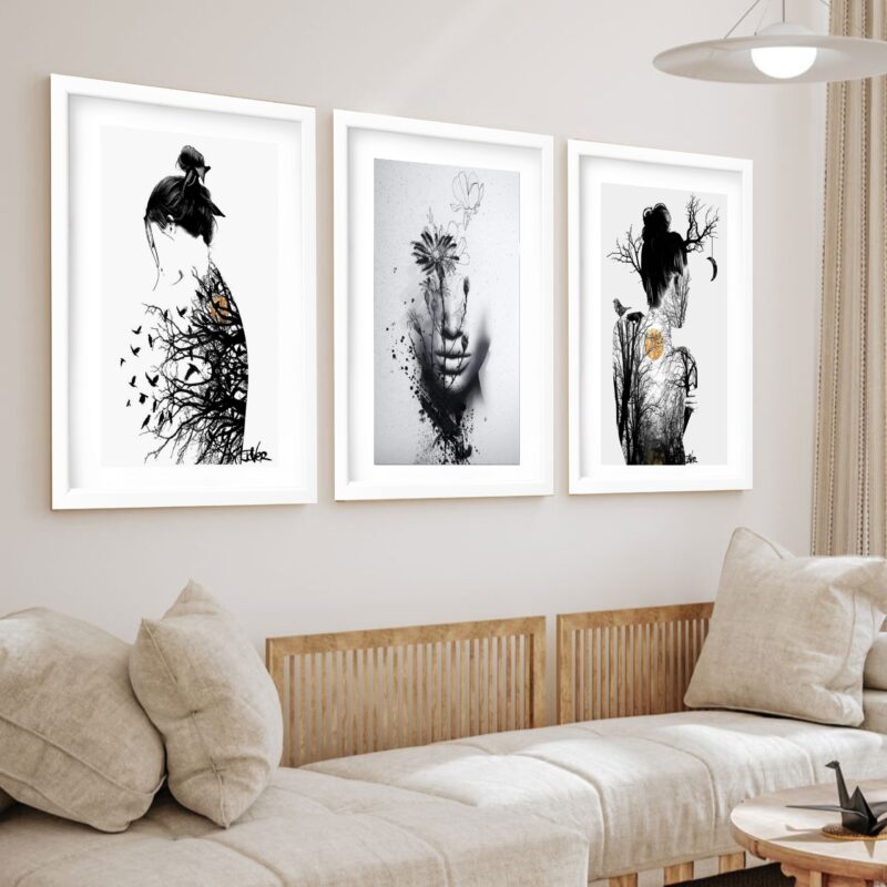 Kit 3 Quadros Grandes Surrealismo Mulheres Floresta 60x48cm - Image 2