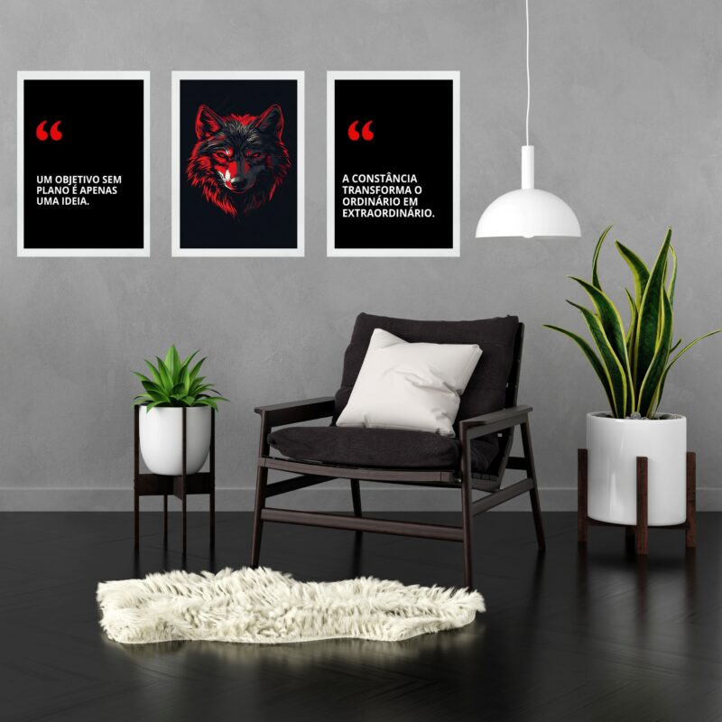 Kit 3 Quadros Motivacionais Empresa Objetivo Lobo