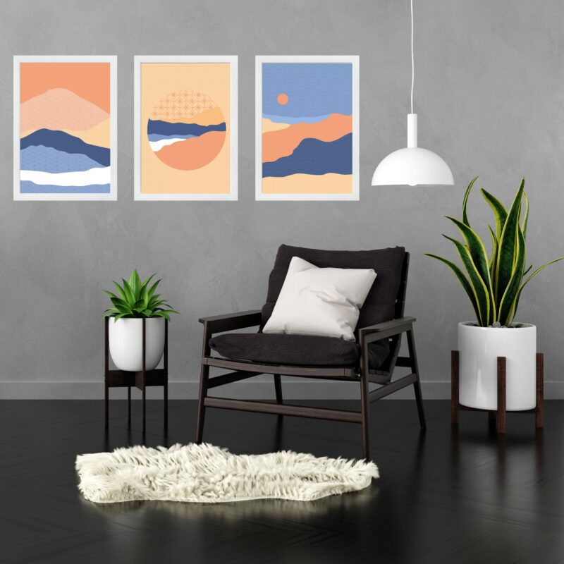 Kit 3 Quadros Paisagens Abstratas Montanhas Boho