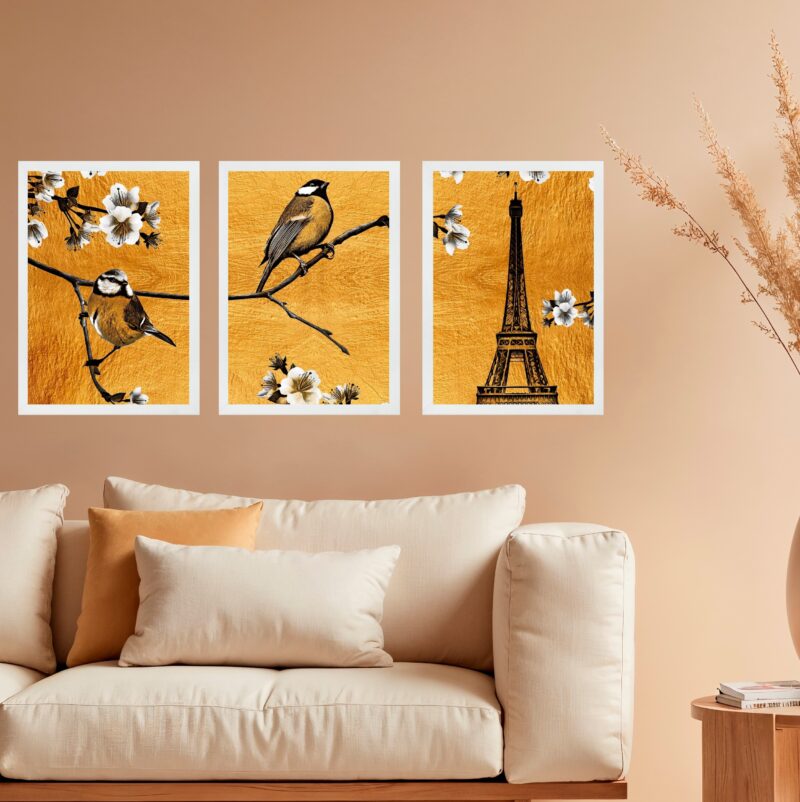 Kit 3 Quadros Passarinhos Paris Torre Eiffel